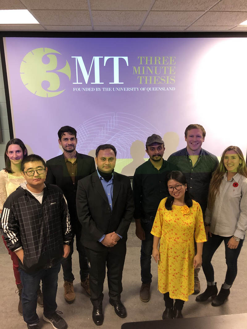 The full 3MT group: From left: Jenna McDermott, Jiaxu Wu, Bilal Javed, Ratnajit Saha, Muhammad Farhain, Jocasta Le, Steve Hextall, Jackie Bauman 